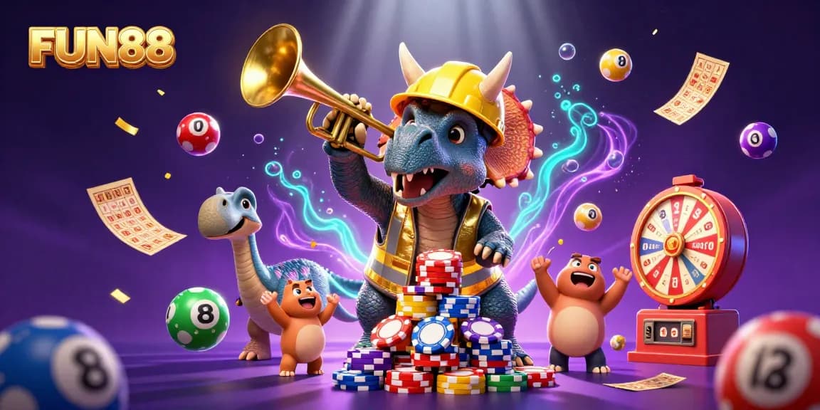 FUN88 celebrates wins with a vibrant scene of a triceratops building poker chip towers amidst dynamic casino elements.