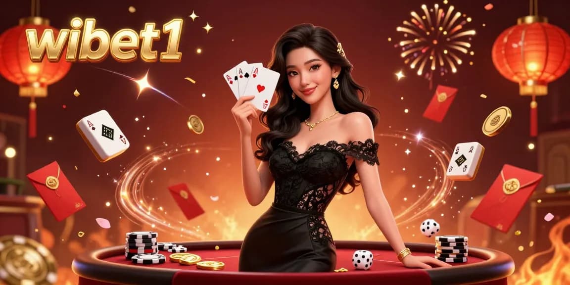 Experience thrilling games at wibet1 with an elegant Asian woman in a luxurious casino setting.