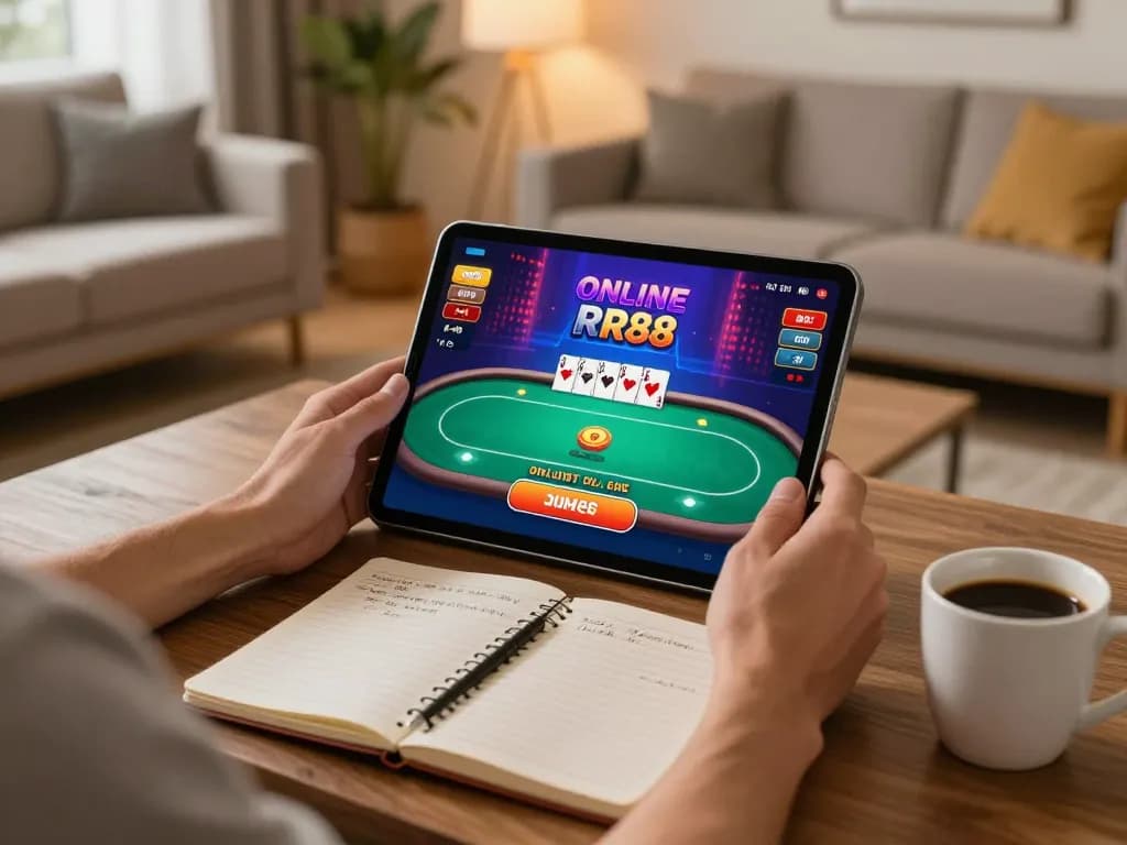 Player engaging with RR88 poker game on tablet in a cozy living room