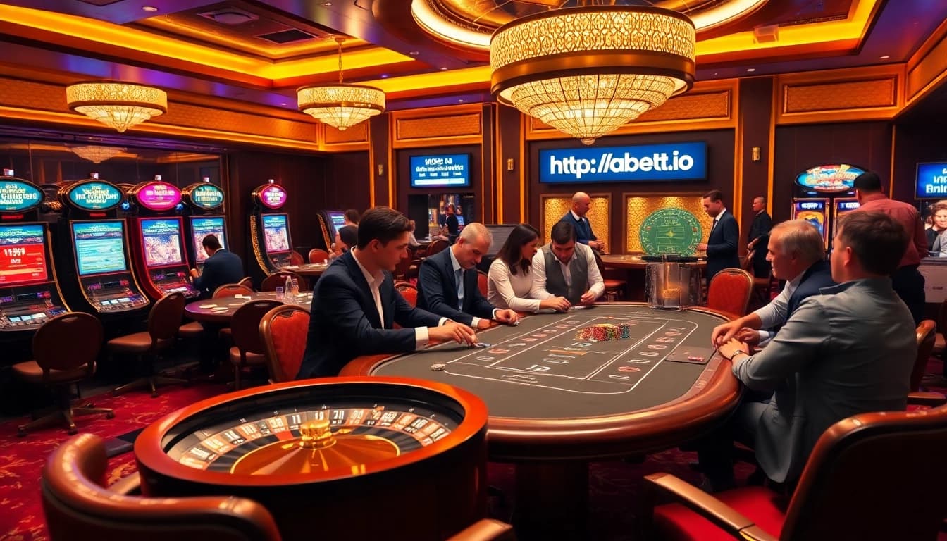Excited players at a poker table in a luxurious casino setting linked to https://thabett.io/ for online betting.