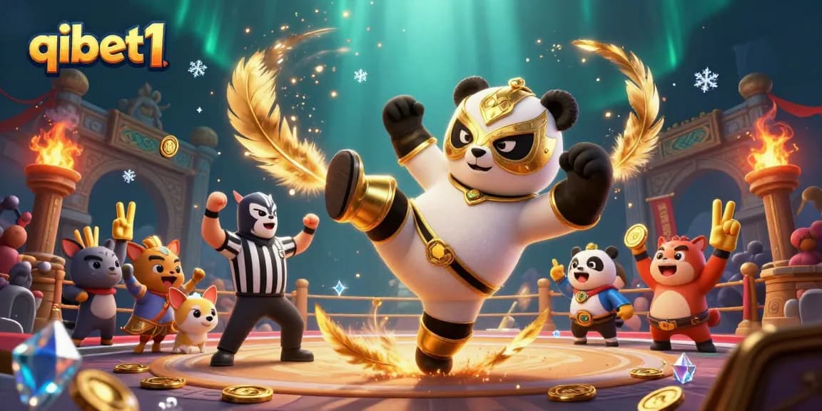 Engage in premium gambling action with qibet1 featuring a flying panda wrestler in a vibrant casino scene.