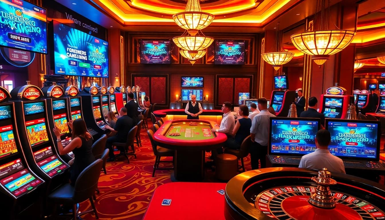 Engaging players at vibrant slot machines and poker tables at https://f8bet.io/ casino, capturing excitement and luxury.