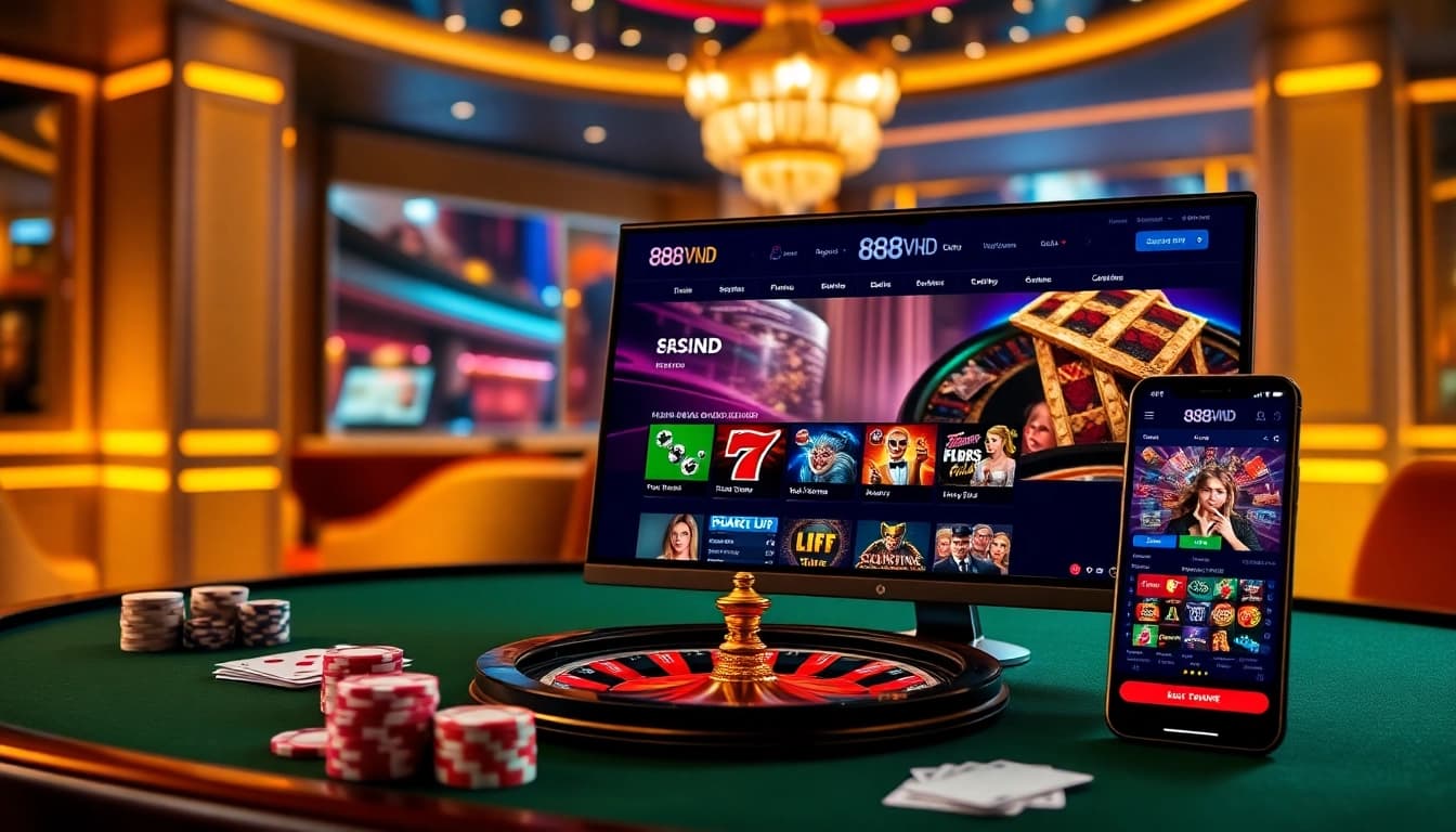 Engaging gambling experience on Trang chủ 888VND with poker chips and roulette.