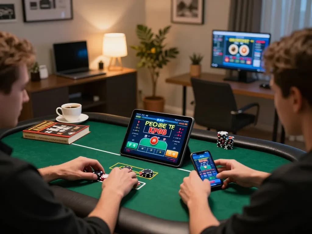 Player using kp 88 app on tablet for an online poker game in a cozy home setting