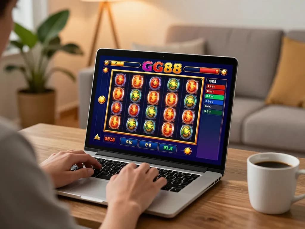 Engaging player enjoying GG88 slots on a laptop in a cozy home setting.