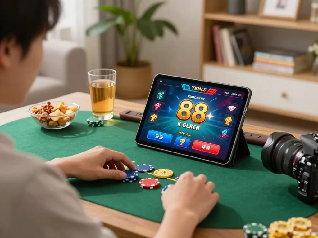 Player enjoying poker on go88 platform using a tablet in a cozy living room setting.