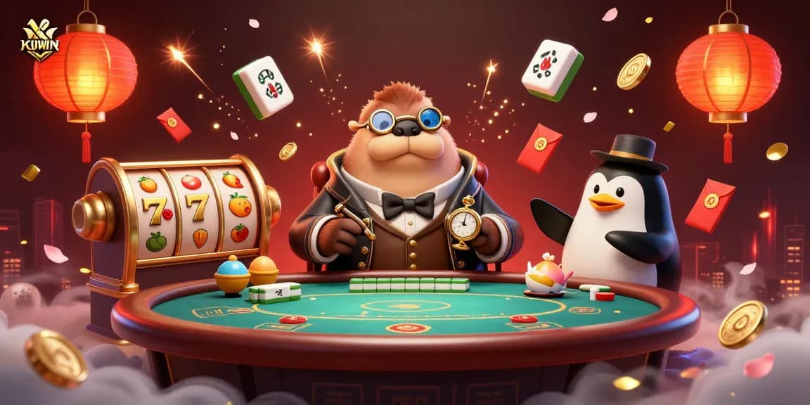 KUWIN showcases gamblers at an underwater poker table, with vibrant colors and casino elements.