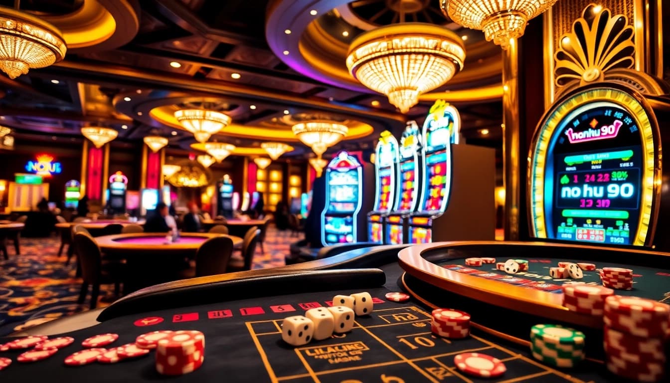Players enjoying games at a vibrant casino with no hu 90 branding, featuring slots and tables.
