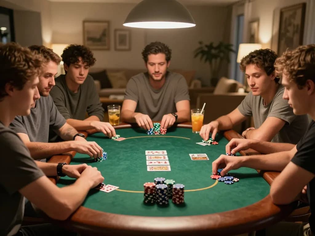 Players enjoy a lively home poker night, showcasing strategic gameplay and camaraderie at trang chủ qq88.