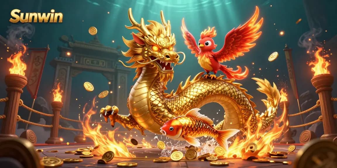 Experience thrilling wins with Sunwin's vibrant casino gaming elements, showcasing dragons and koi fish.