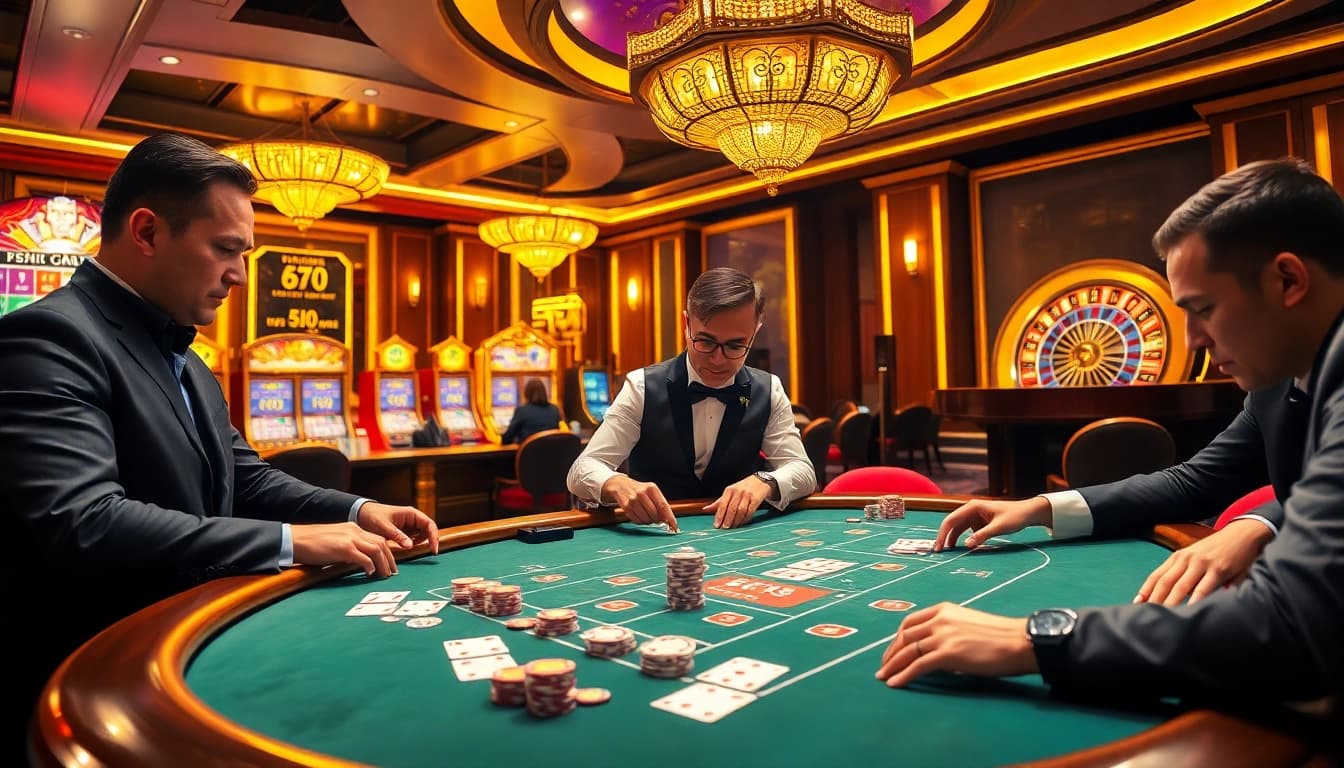 Experience the excitement of Game bài 69VN with intense players at a luxurious casino table.