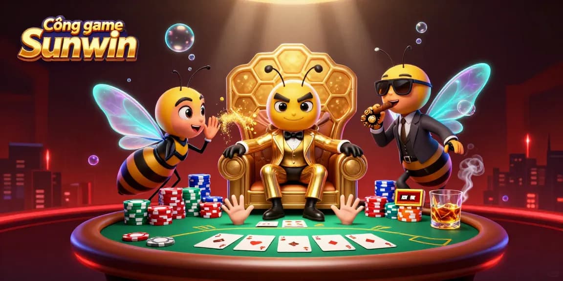 Cổng game Sunwin showcases a vibrant casino scene with animated characters and vibrant poker elements.