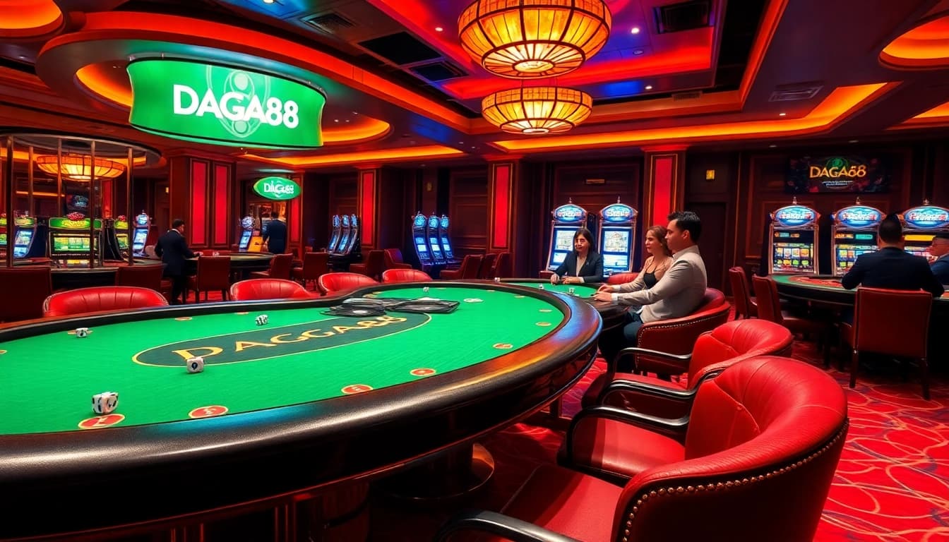 DAGA88 players enjoy thrilling gameplay at luxury casino tables with vibrant decorations and exciting atmosphere.