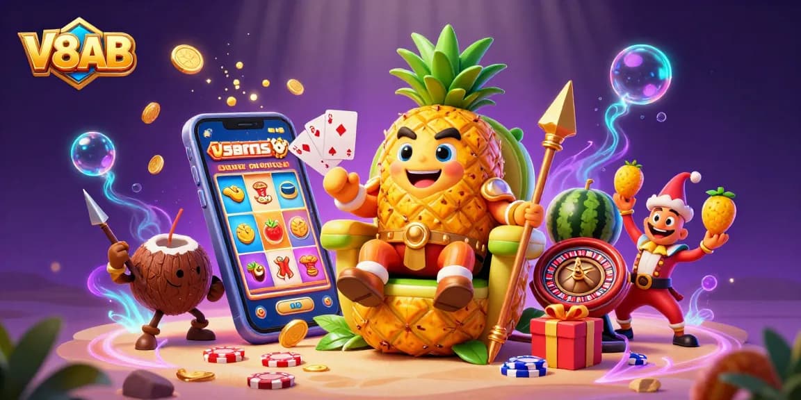 Experience the vibrant casino action at V8AB with a golden pineapple king, dynamic slots, and colorful thrills.