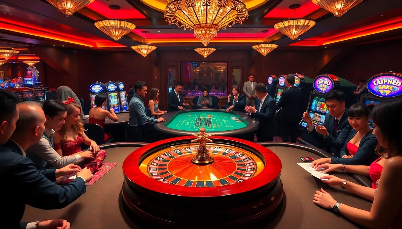 Engaged gamblers enjoying their play at https://rr88.black/ in a luxurious casino atmosphere.