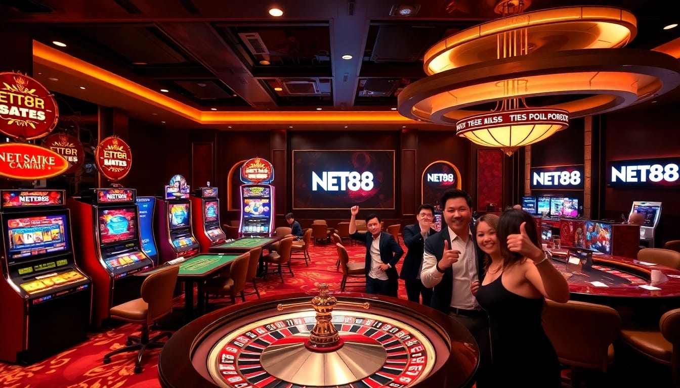 Celebrating victory at a vibrant casino, featuring NET88's logo amid luxurious gaming tables.