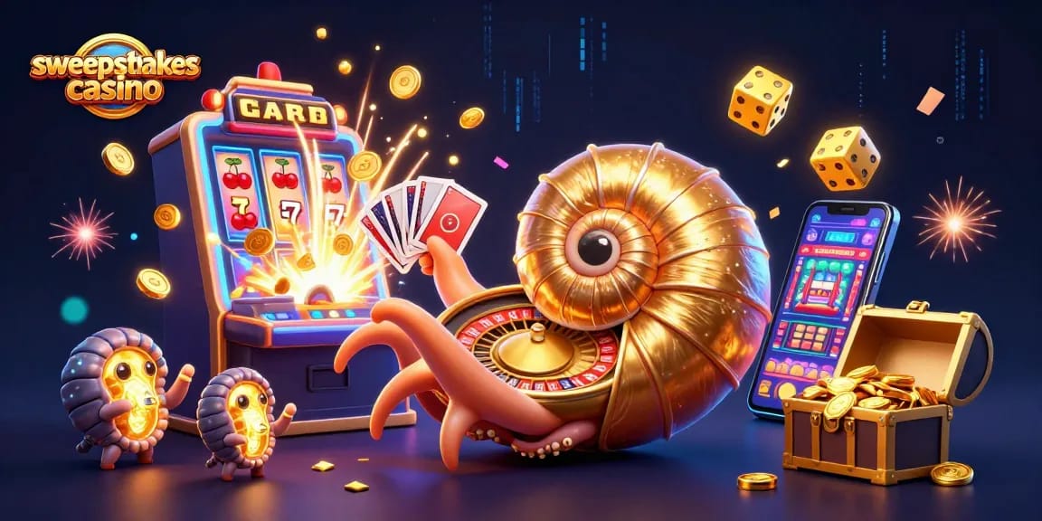 Sweepstakes casino scene showcasing a nautilus roulette wheel, golden slot machine, and glowing treasures.
