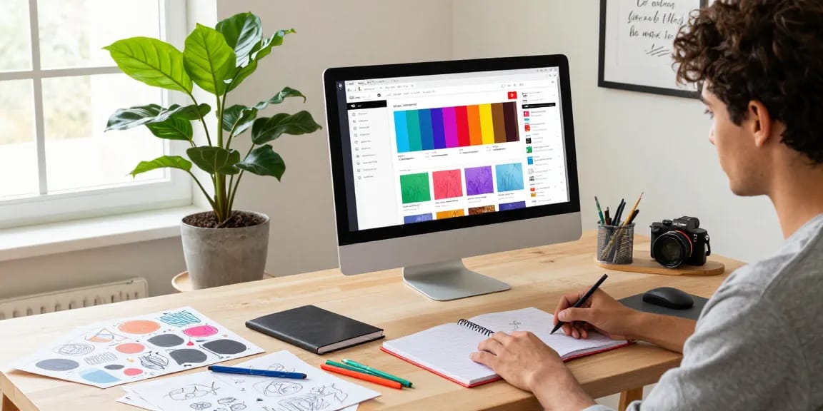 Designing custom printed notebooks in a creative workspace.