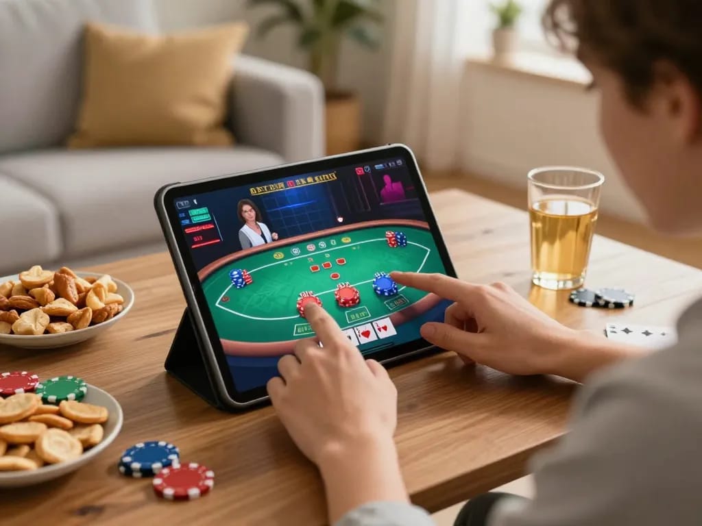 Sunwin players engaging in thrilling online poker action on a tablet, showcasing excitement and strategy.