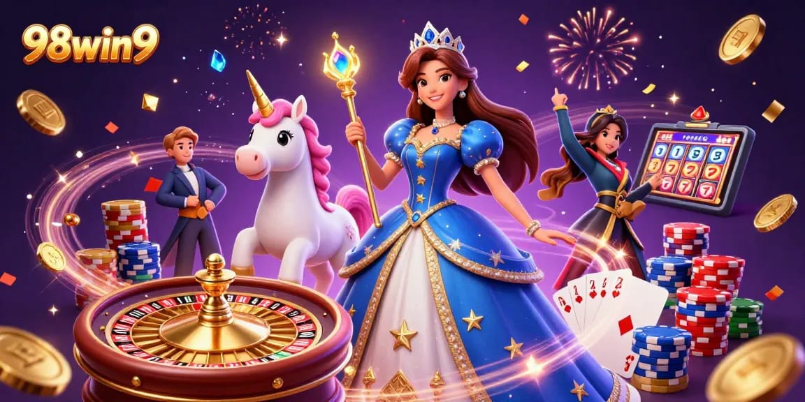 Experience exciting wins with 98win9 at the vibrant casino filled with sparkling gems and cascading coins.