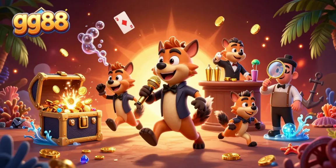 Engage in thrilling casino fun at gg88 with hyenas running a comedy club, surrounded by treasure.