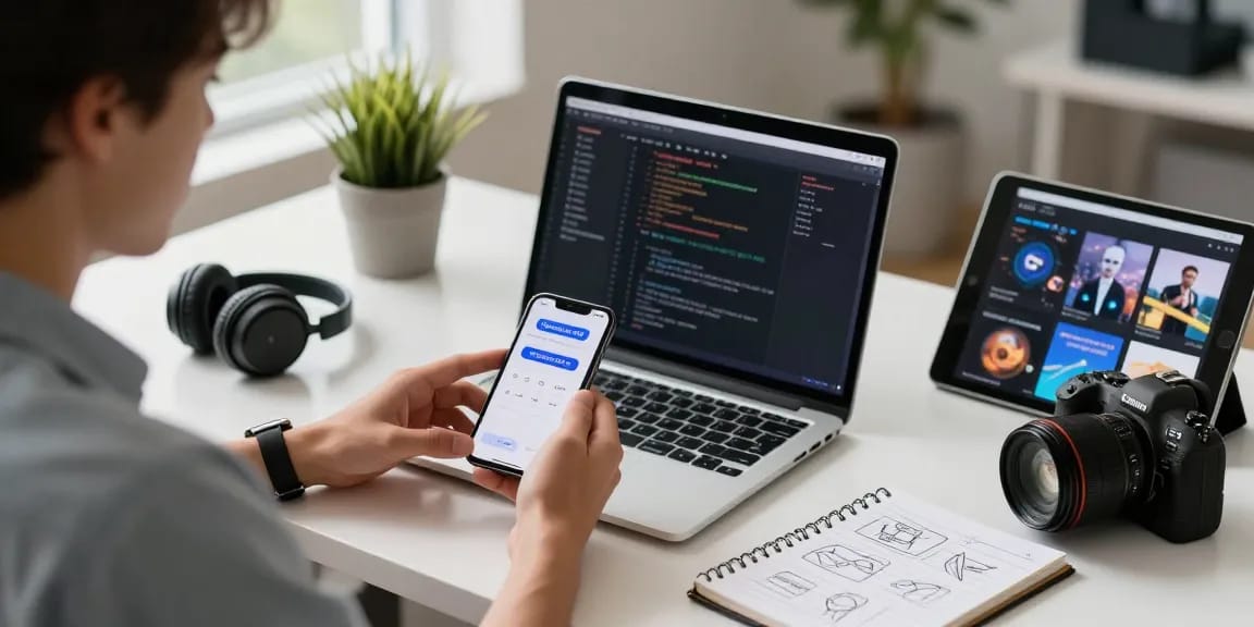 Discover the Vidmate APK interface on a smartphone in a modern tech workspace showcasing multimedia downloading.