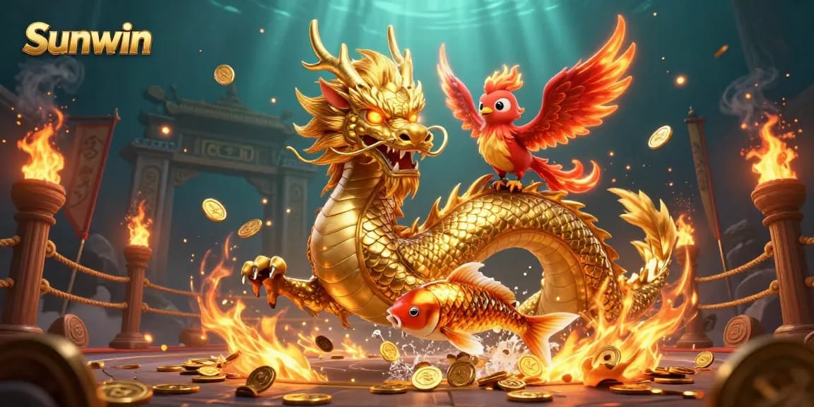 Experience thrilling wins with Sunwin's vibrant casino gaming elements, showcasing dragons and koi fish.