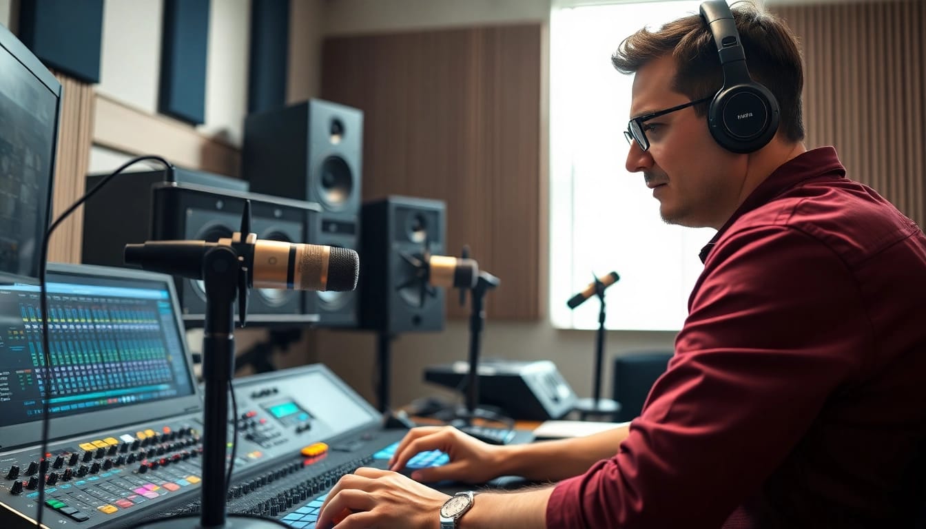 Engaged audio engineer perfecting online mastering techniques at a well-equipped studio.