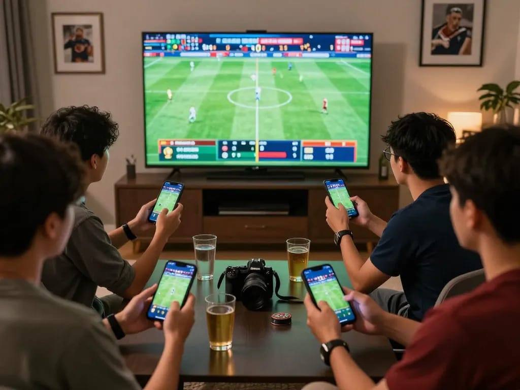 Friends engaging in lively sports betting on kèo nhà cái trực tiếp while watching a live match.