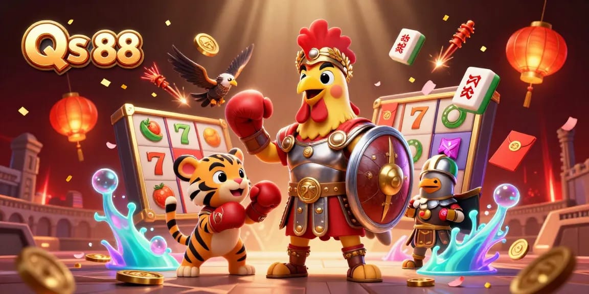 Engage with Qs 88’s exciting slots scene featuring animated characters and colorful casino elements.
