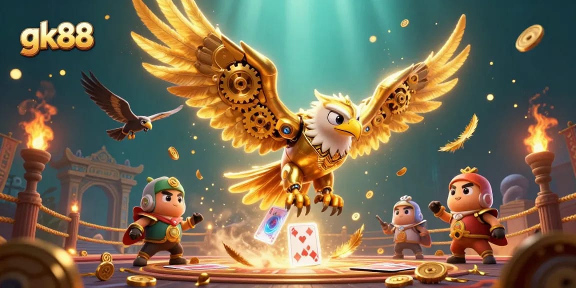 Experience the thrill of gk88 with a cybernetic eagle diving through holographic cards in a dynamic casino scene.