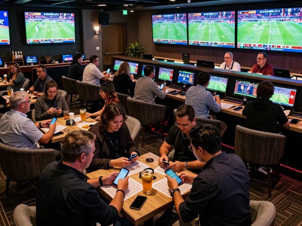 Fabet patrons cheering while placing sports wagers in an upscale betting lounge.