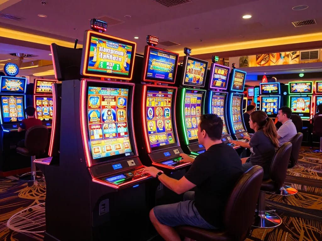 Players enjoying the vibrant slot machines at TA88 casino, experiencing dynamic gameplay and excitement.
