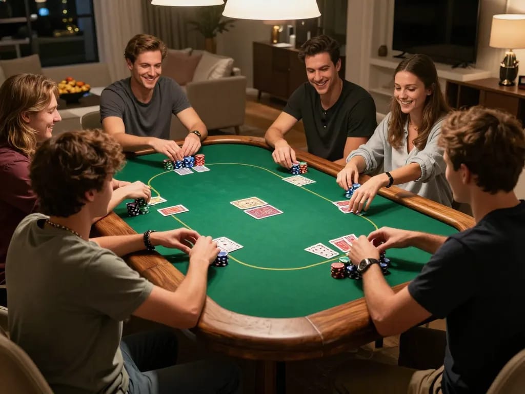 Friends enjoy a thrilling poker game at home, showcasing the excitement of 11win's gaming experience.
