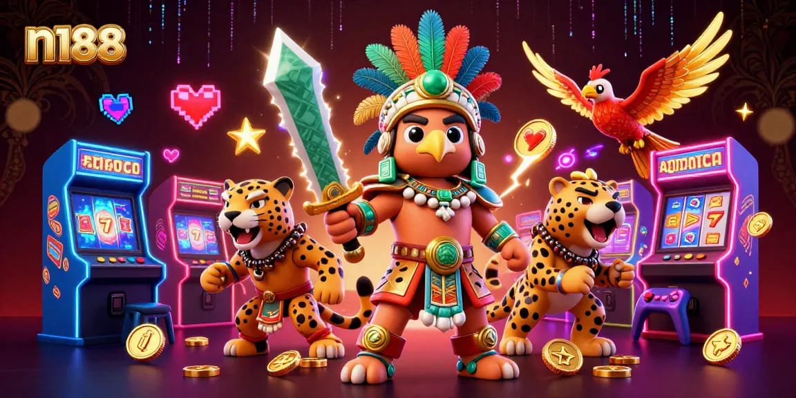 Experience the excitement of n188 with Aztec warriors amidst vibrant casino games and gold elements.