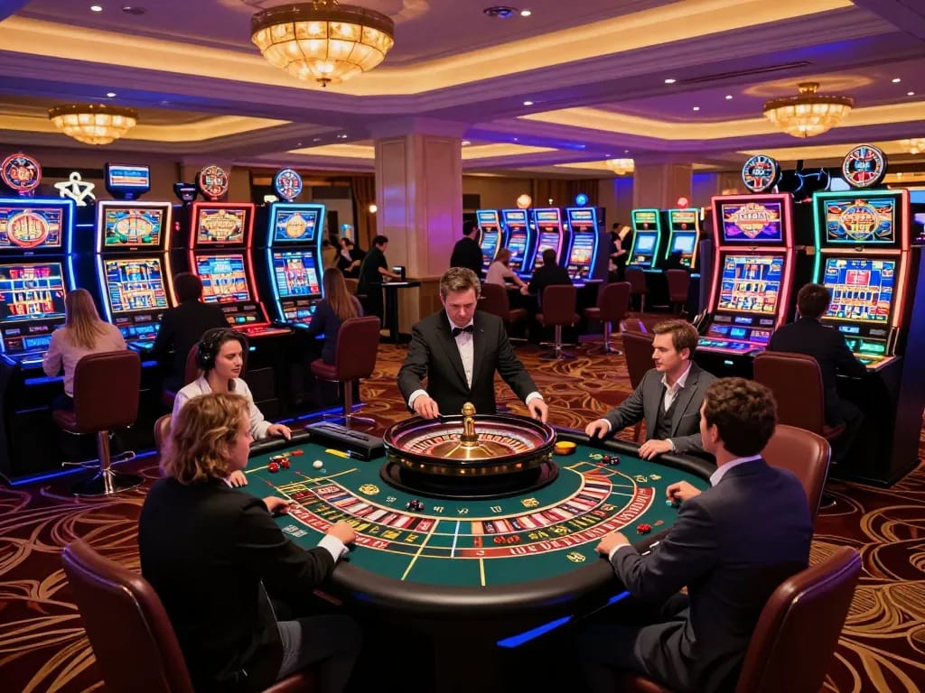 LUCKY88 players engaging in exciting gameplay at a vibrant casino floor, showcasing thrilling roulette action.