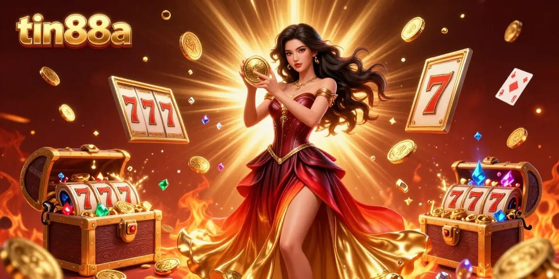 Experience fortune at tin88a with a stunning Asian woman holding a golden coin amidst a dazzling casino backdrop.