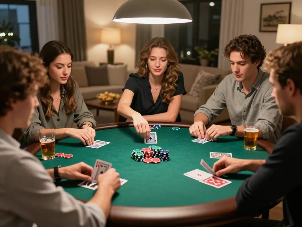 Friends engaged in an IDN poker dominobet game during a lively home poker night.