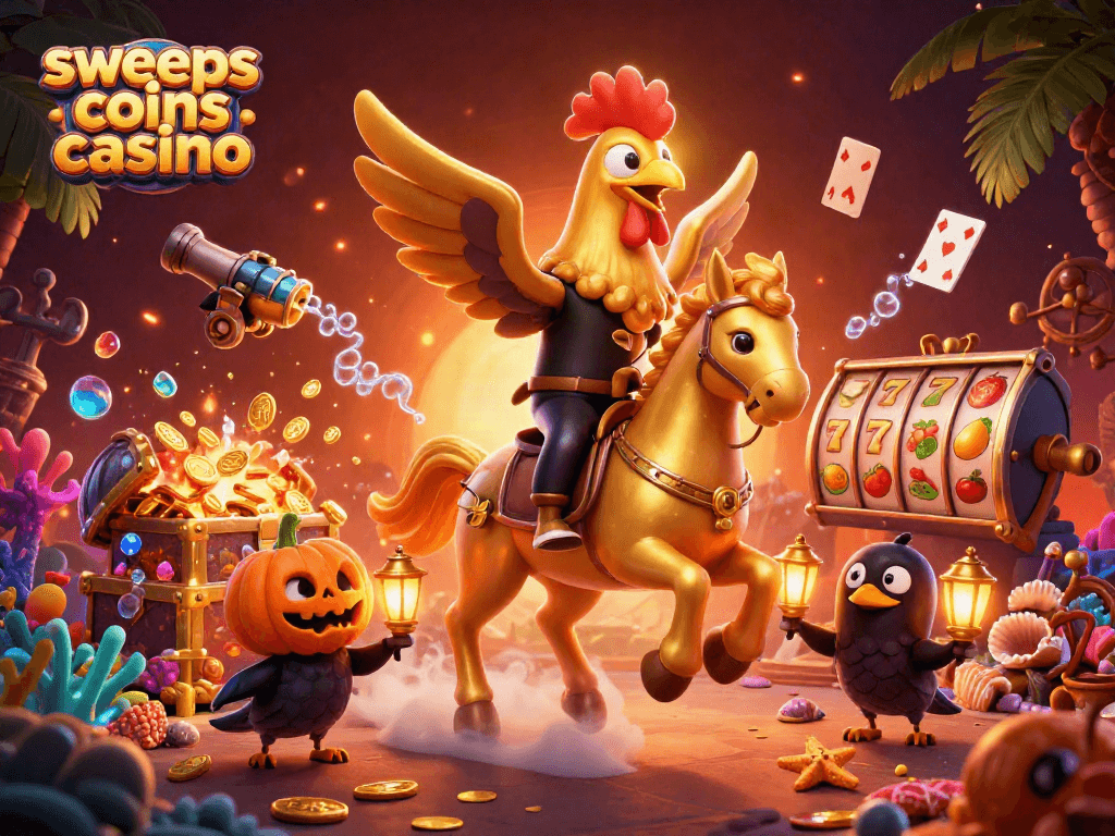 Experience the thrill of the sweeps coins casino with a captivating 3D illustration featuring vibrant characters and game elements.