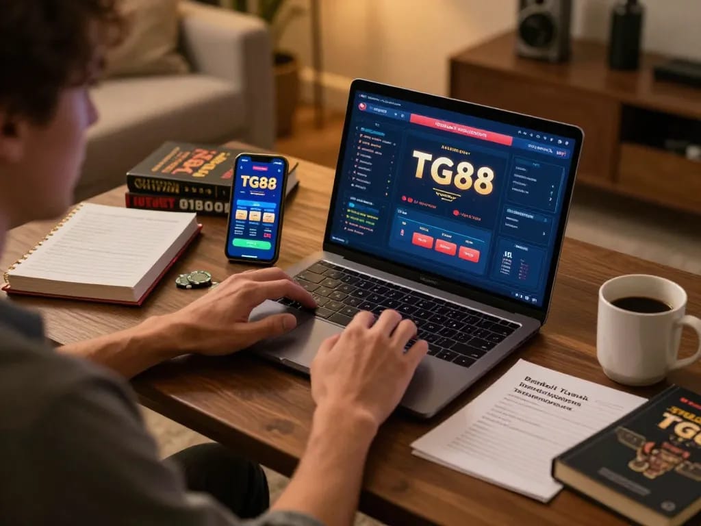 TG88 online gaming experience with a player using a laptop in a cozy home setup.