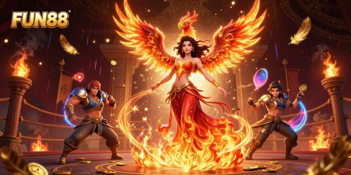 Experience thrilling gameplay with FUN88 as a stunning Asian woman in fiery attire navigates a vibrant casino realm.
