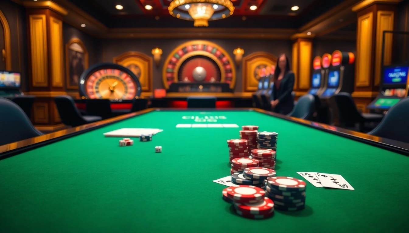 Experience the thrill of Nhà Cái XIN88 at an elegant casino table with poker chips and dice.