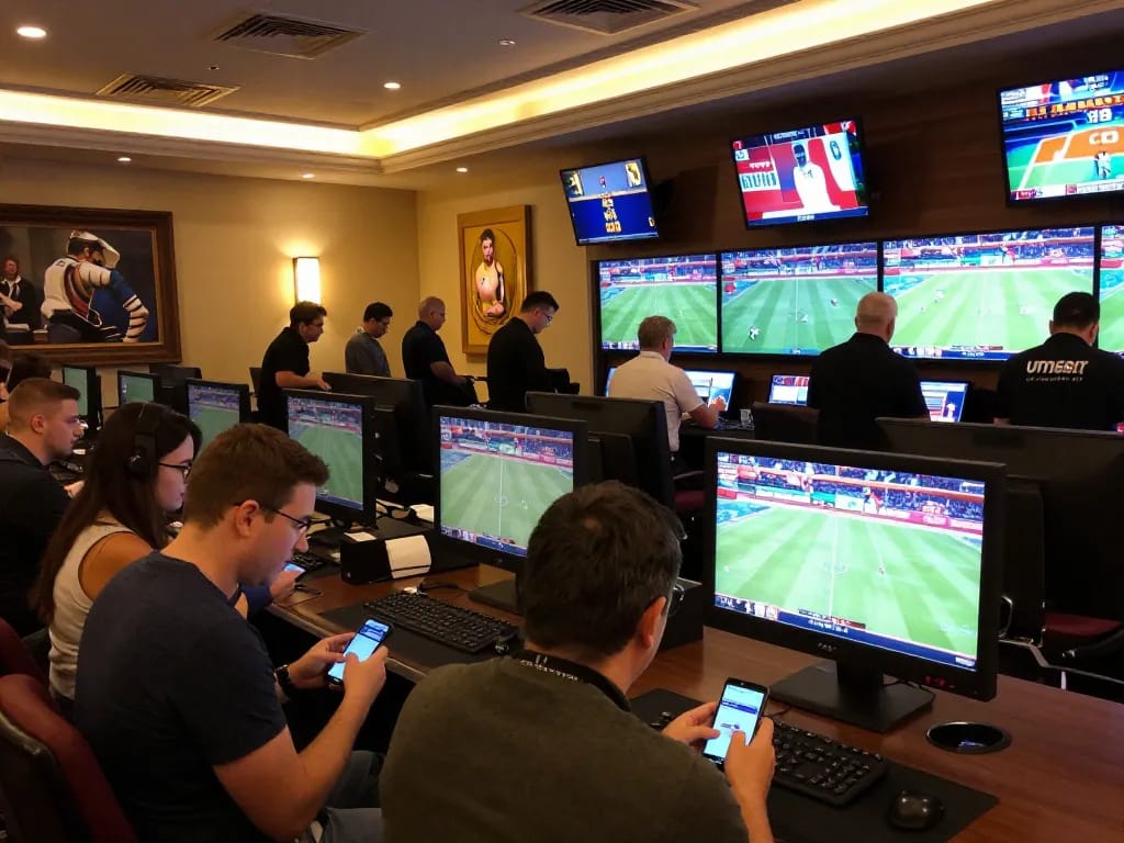 Patrons engaging in sports betting at F168, showcasing dynamic screens and enthusiastic atmosphere.