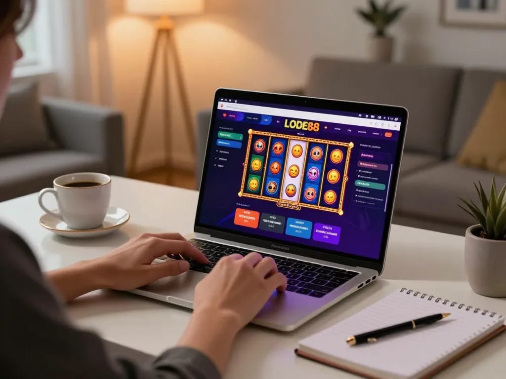 Engaging LODE88 online gaming scene with a person strategizing on a laptop.