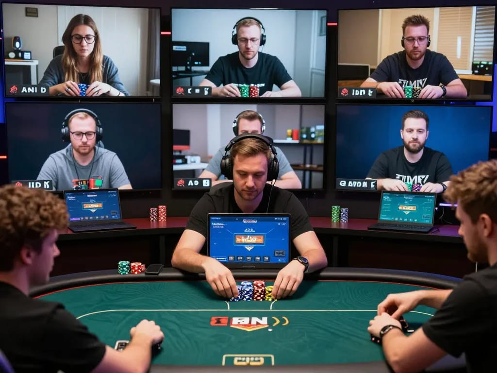 Playing Dominobet IDN Poker in an exciting online tournament with stacked chips and focused players