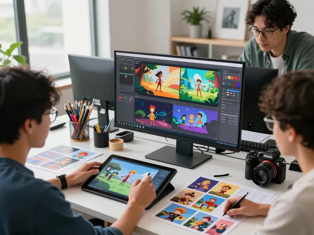 Team exploring mind control techniques in motion control AI, dynamic digital workspace with animation tools.