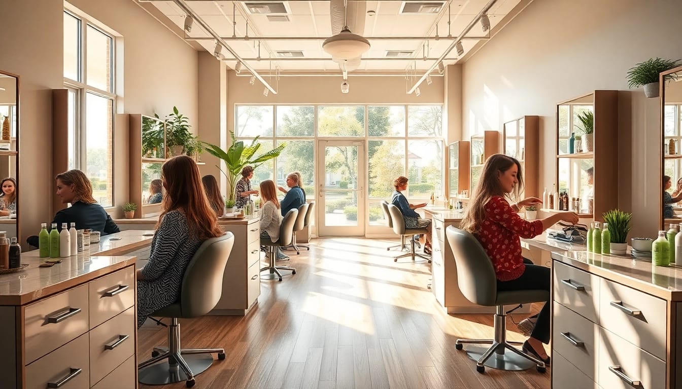 Omnia Salon interior showcasing stylists working on clients with Aveda products in a welcoming atmosphere.