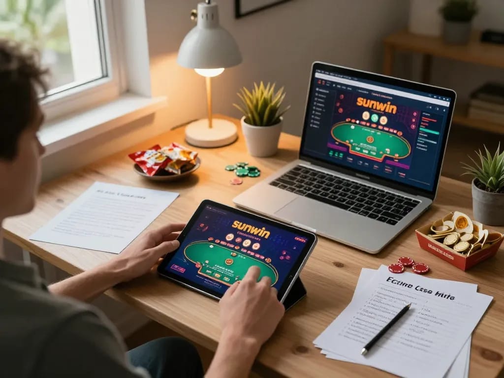 Person enjoying sunwin poker gameplay on a tablet in a cozy home office setting.