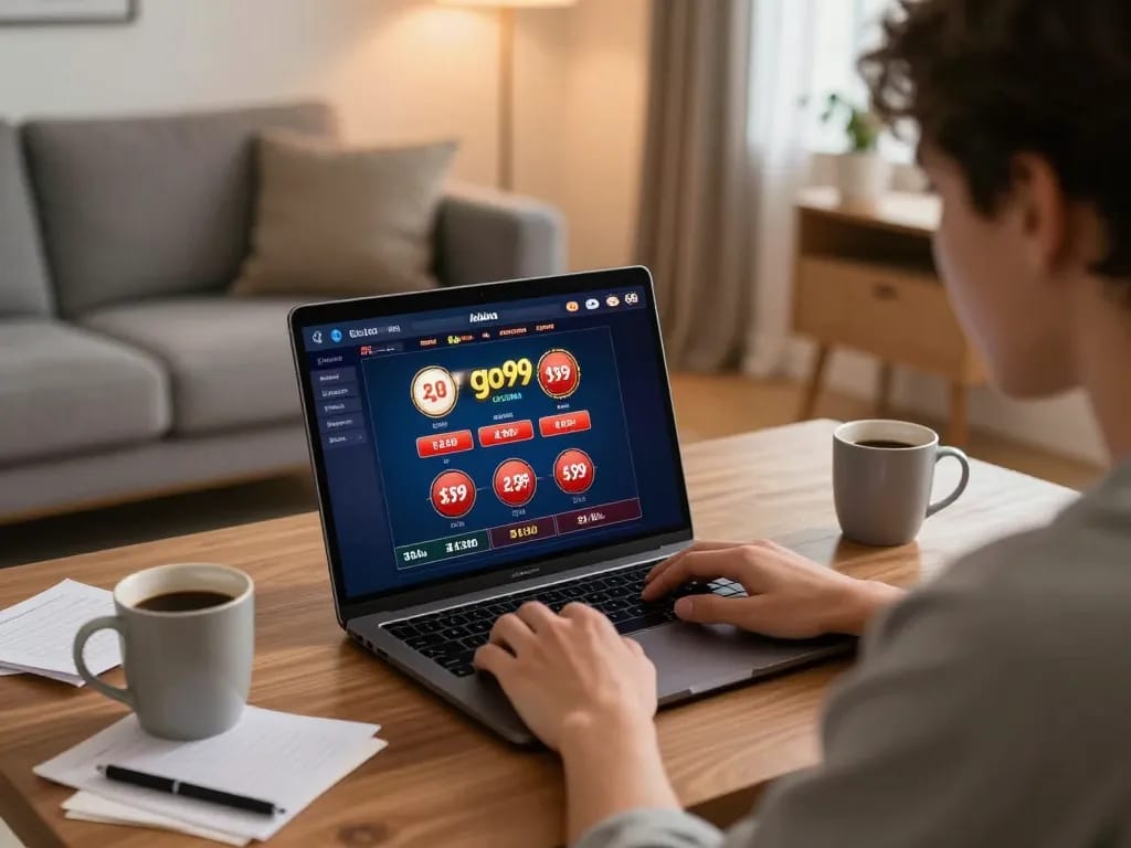 Experience go99 online casino gameplay with a person enjoying a home gaming setup featuring strategic notes and ambiance.