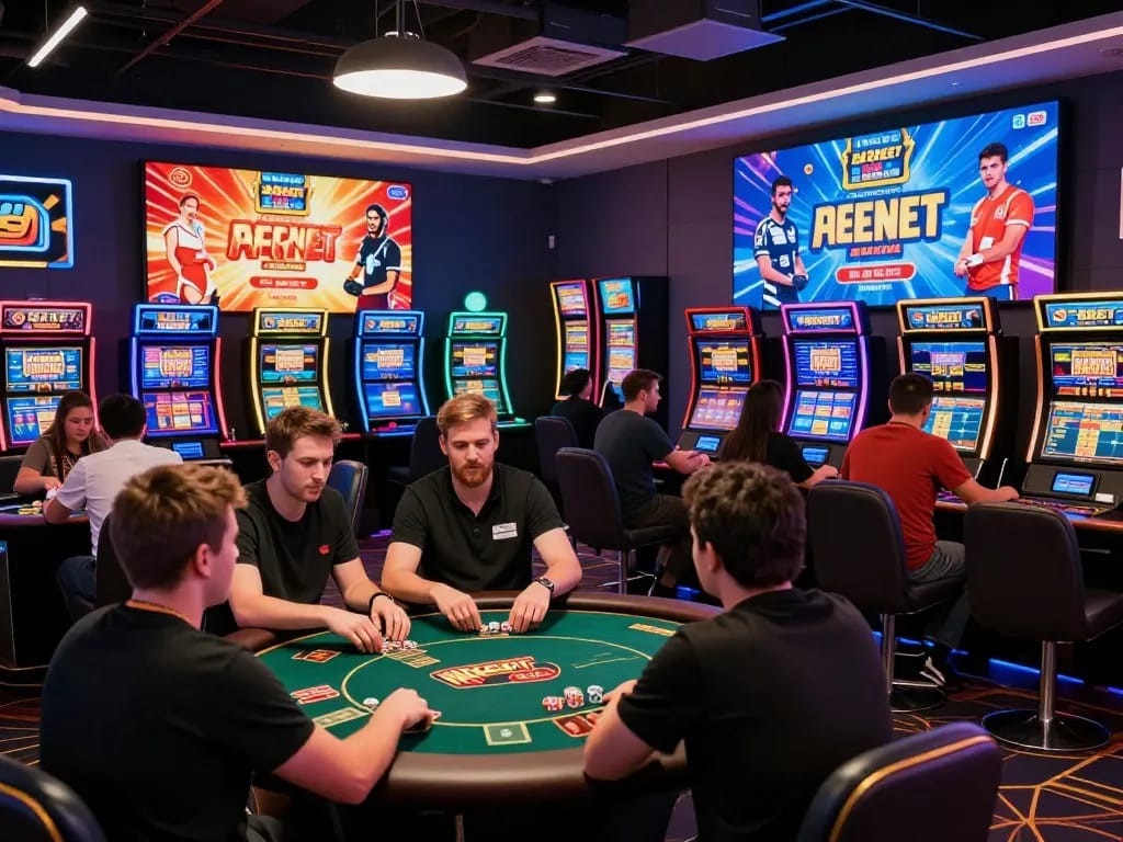 Exciting online gaming atmosphere at 8KBET with players enjoying poker and sports betting.